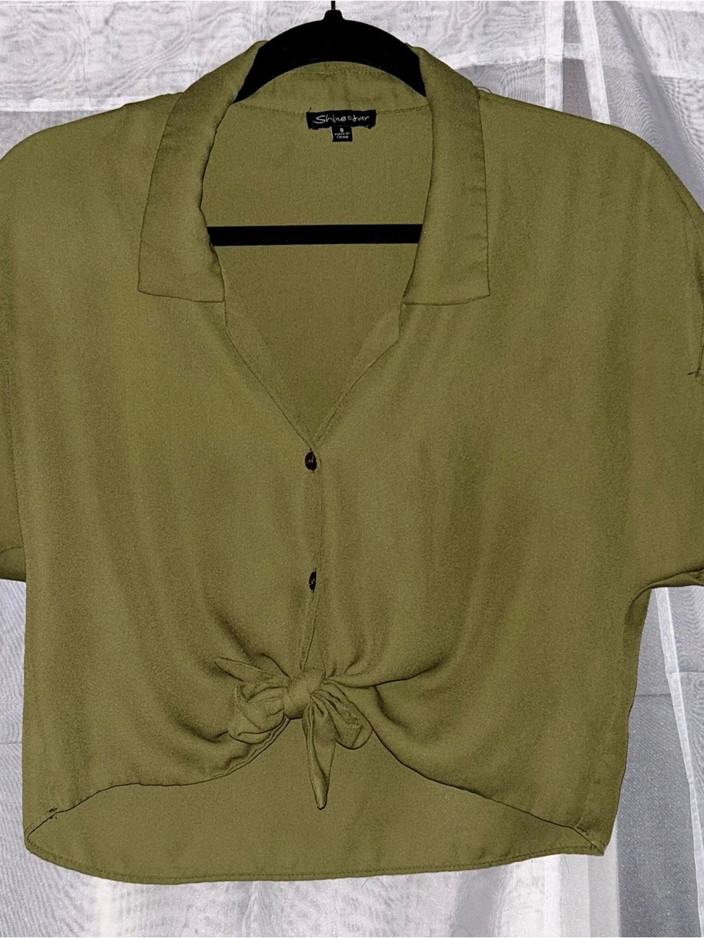 S - Shinestar Olive Green Tie-Front Crop Top